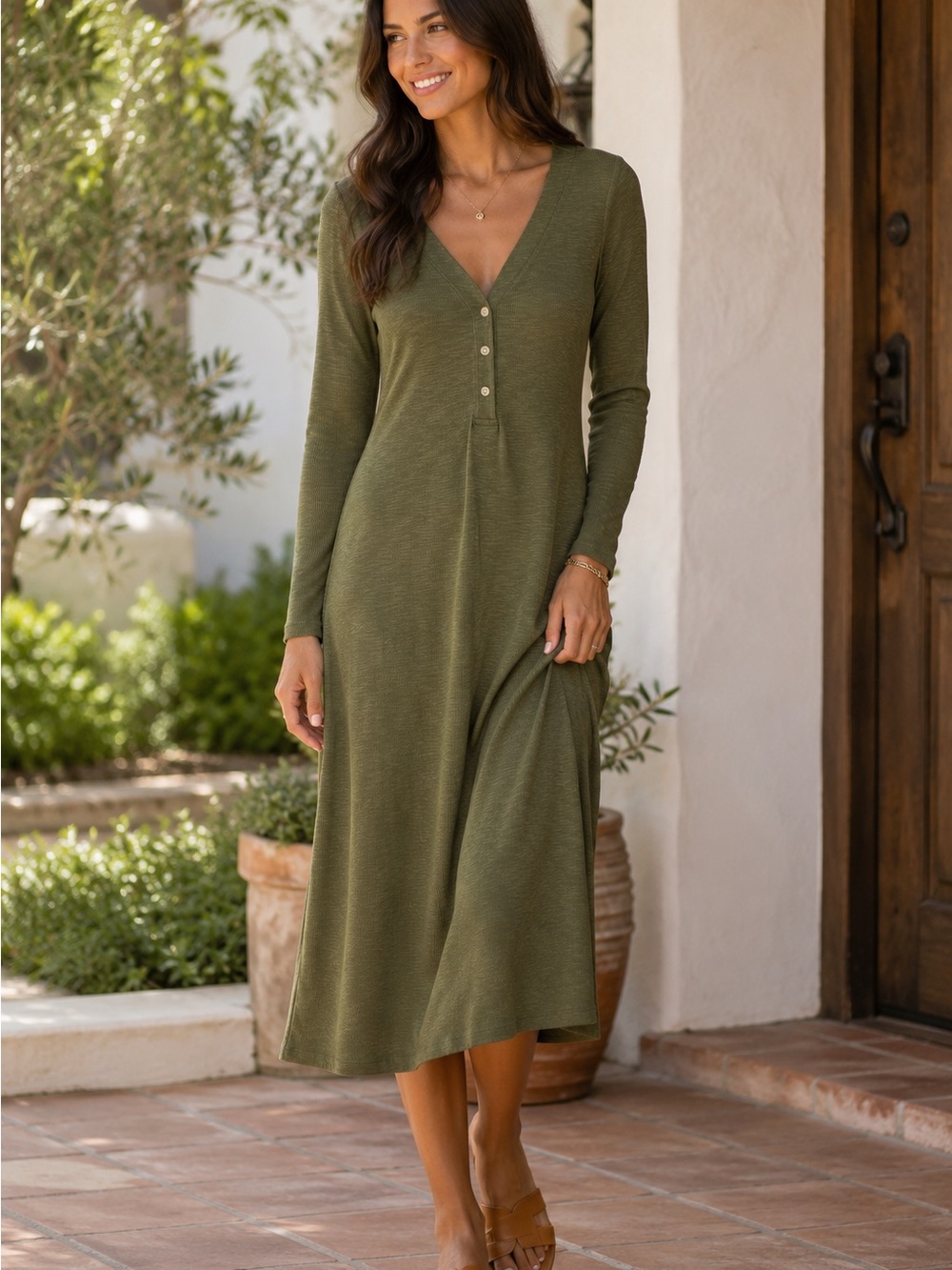 GAP NWT Olive Green Ribbed Knit Henley Midi Dress Long Sleeve XS